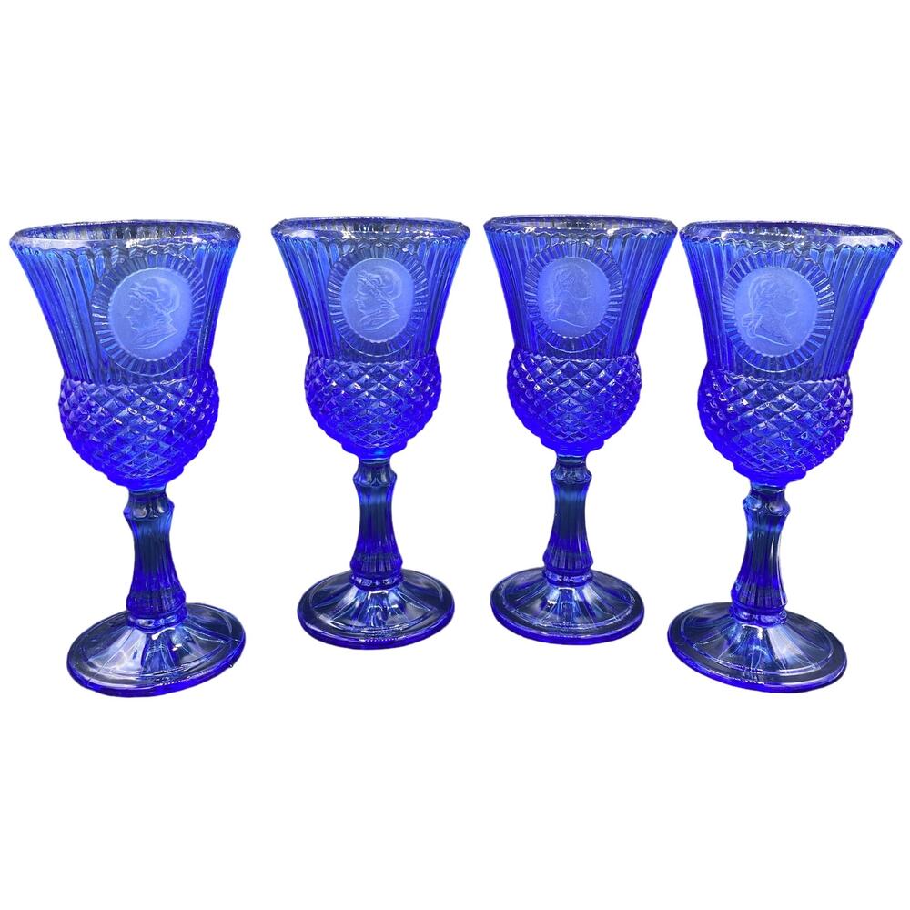 set 4 VTG Cobalt Blue Fostoria Cameo George/Martha Washington Wine Goblets - Picture 1 of 10